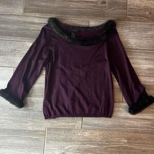 Y2K Express Women's Purple Off Shoulder Long Sleeve Sweater Faux Fur Trim Size L